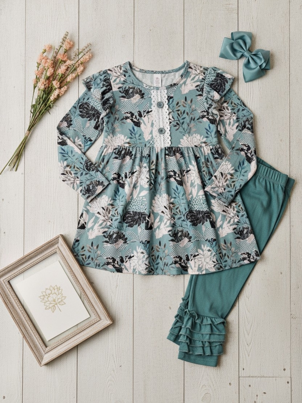 Girls Sage Floral Tunic Set with Lace Detail And Ruffle Leggings
